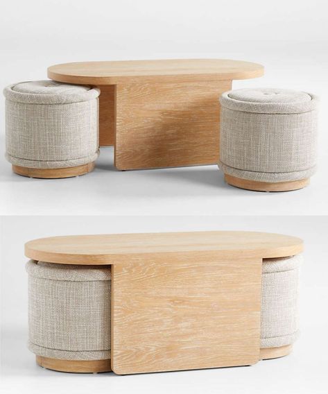 9 stylish coffee tables with nested ottomans - Living in a shoebox Coffee Table To Table, Two Part Coffee Table, Ottoman Design Living Room, Poufs In Living Room Under Table, Coffee Table Stools, Stool As Coffee Table, Poufs Under Coffee Table, Bedroom Coffee Table And Chairs, Coffee Table And Pouf