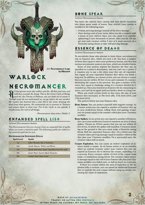 Diablo 3-like Necromancer Warlock | Patreon Dnd Warlock Art, Diablo 3 Necromancer, Warlock Necromancer, Necromancer Diablo, Dnd Necromancer, Dnd Crafting, 5e Classes, Dnd Warlock, Dnd Subclasses