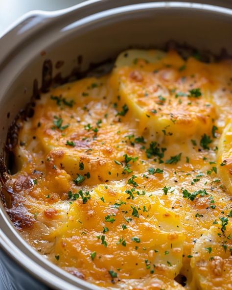 If there's a potato method I'm a sucker for, it's definitely this one. Crockpot Potatoes Recipes, Scalloped Potatoes With Mushroom Soup, Crockpot Potato Recipes, Crockpot Scalloped Potatoes, Cheddar Scalloped Potatoes, Crockpot Potatoes, Scallop Potatoes, Potato Side Dishes Easy, Garlic Cheddar