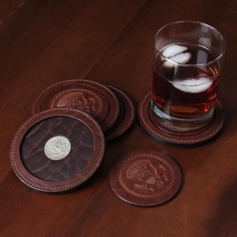 Circle Coasters, Drink Accessories, Presidential Seal, Leather Coaster Set, Buffalo Bison, American Buffalo, Aviator Eyeglasses, Half Dollar Coin, Bison Leather