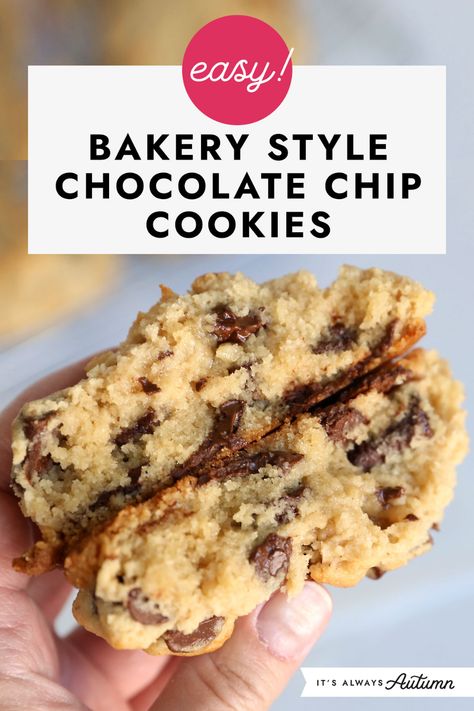 Easy! Bakery style chocolate chip cookies. Best Bakery Style Chocolate Chip Cookies, How To Make Thick Chocolate Chip Cookies, Best Thick Chocolate Chip Cookies, Chocolate Chip Cookies No Vanilla Extract, Thick Chocolate Chip Cookies Recipe, Tall Chocolate Chip Cookies, Thick Cookies Chocolate Chip, Chocolate Chip Cookies Bakery Style, Thick Soft Chocolate Chip Cookies