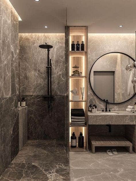 Modern Bathroom Design - Canadian Home Style Shelving Lights, Hotel Bathroom Aesthetic, Hotel Bathroom Design Luxury, Modern Marble Bathroom, Black Shower System, Hotel Bathroom Design, Shower Area, Modern Style Bathroom, Bathroom Retreat