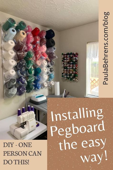 Uses For Pegboards, Pegboard Yarn Storage, Yarn Pegboard, Yarn Storage Wall, How To Install Pegboard, Hang Pegboard, Pegboard Craft Room, Dream Workshop, Pegboard Ideas