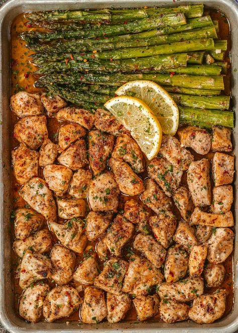 Lemon Garlic Butter Chicken Bites with Asparagus - #baked #chicken #recipe #asparagus #eatwell101 - The chicken bites are so juicy, tender, and delicious you’ll eat them hot right off the sheet pan! CLICK HERE to Get the Recipe - #recipe by #eatwell101® Easy Healthy Dinner Sheet Pan, Oven Sheet Pan Meals, Easy Dinner Recipes For One Healthy, Paleo Dinner Sheet Pan, Chicken Potato Asparagus Sheet Pan, Chicken Pan Sheet Recipes, Simple Sheet Pan Dinners, Healthy Dinner Ideas With Chicken, Pan Dinners Sheet