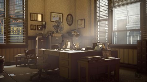 Benchmark detective office 2012 by Fudoshinart Police Department Office, Noir Detective, Detective Aesthetic, Detective Story, Vintage Office, Police Station, Environment Design, Police Department, Office Design