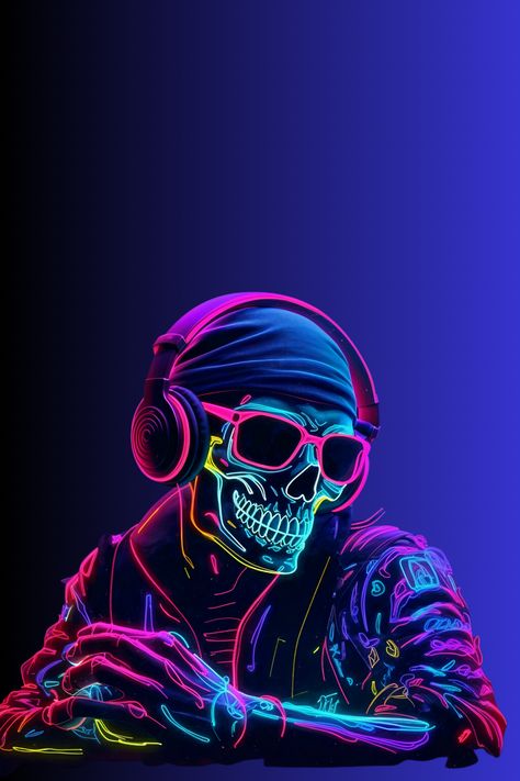 A skeleton DJ, chilling and taking in the vibes. Lit in neon and wearing a beanie hat and headphones and sunglasses Halloween style. Check out my store for more cool designs. Neon Design Poster, Dj Graphic Design, Skeleton Wearing Headphones, Dj Graphic Design Art, Neon Drawings, Skull And Headphones, Dj Wallpaper, Skeleton Dj, Neon Skeleton Wallpaper