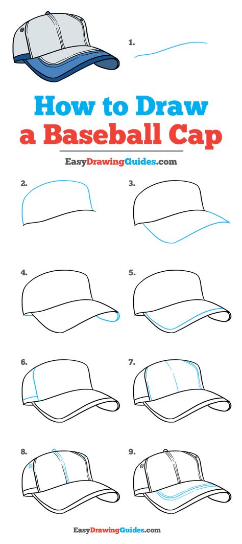 How to Draw a Baseball Cap - Really Easy Drawing Tutorial How To Draw Baseball Cap, How To Draw Cap, Cap Drawing Reference, How To Draw A Hat, Hats Drawing, Drawing Baseball, Cap Drawing, Step By Step Watercolor, Drawing Tutorials For Beginners