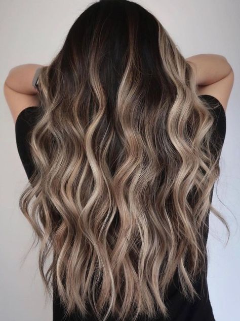 Dark Hair with Blonde Balayage Dark Brown With Blonde Balayage, Darker Blonde Balayage, Going Darker From Blonde, Dark Brown To Blonde Balayage, Balage Hair, Balayage Hair Ideas, Ombre Hairstyles, Dyed Hair Ombre, Blonde Hair With Roots