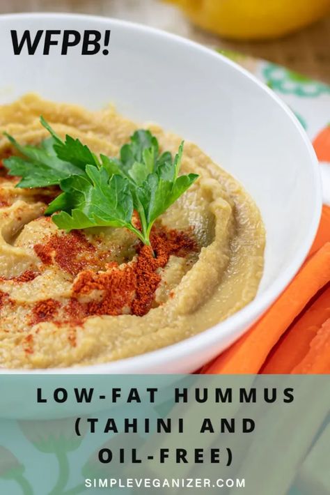 LOW-FAT HUMMUS (TAHINI AND OIL-FREE) - Simple Veganizer Oil Free Hummus Vegan No Tahini, No Oil Hummus Recipe, Fat Free Hummus Recipe, Oil Free Hummus Vegan, Tahini Substitute Hummus, Low Calorie Hummus Recipe, Tahini Free Hummus Recipe, Low Fat Hummus Recipe, Low Fat Dips