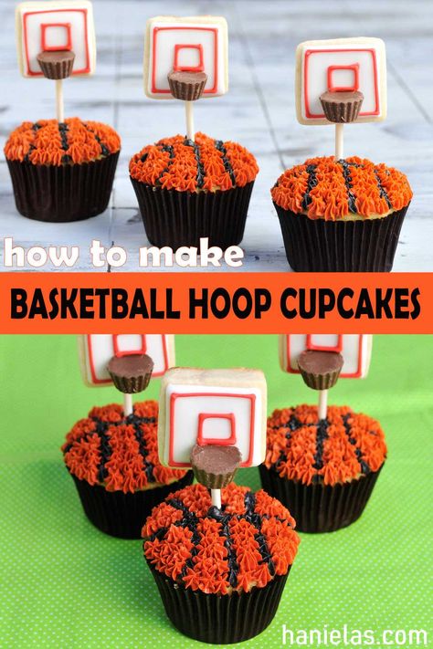 Easy Basketball Cupcakes, Basketball Birthday Cakes For Boys, Basketball Deserts, Basketball Birthday Cupcakes, Basketball Cake For Boys Birthdays, Basketball Theme Cupcakes, Basketball Cakes For Boys, Basketball Cupcake Cake, Space Jam Cupcakes