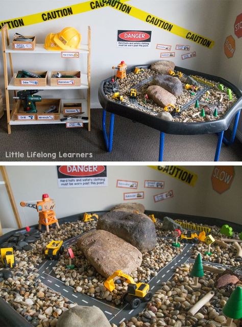 Set up a construction site in your dramatic play and imaginative play space | construction site party | construction site dramatic play printables | Imaginative play ideas for toddlers, preschoolers and kindergarten children | Posters, signs, labels and p Construction Dramatic Play, Childcare Rooms, Set Construction, Role Play Areas, Construction Play, Early Years Classroom, Dramatic Play Area, Dramatic Play Preschool, Block Play