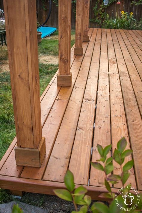 Ever thought about turning your concrete slab into a covered deck? It's definitely doable! Here are some thoughts, tips, & photos from our experience! Concrete Slab Patio, Deck Over Concrete, Concrete Deck, Porch Remodel, Patio Deck Designs, Wooden Deck, Back Porch Ideas Covered, Porch Makeover, Deck Designs Backyard