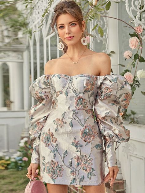 Gigot Sleeve Bustier Sweetheart Jacquard Satin Dress | SHEIN USA Short Bustier Dress, Jakard Dress, Floral Jacquard Dress, Short Satin Dress Classy, Brocard Dress, Satin Dress Ideas, Date Dress Romantic, Jacquard Outfit, Satin Floral Dress