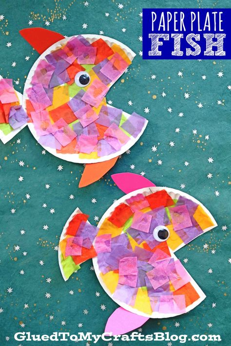 #gluedtomycrafts Paper Plate & Tissue Paper Tropical Fish - Kid Craft Paper Plate Fish, Fish Craft, Paper Plate Crafts For Kids, Toddler Arts And Crafts, Fish Crafts, Ocean Crafts, Kid Craft, Paper Plate Crafts, Daycare Crafts