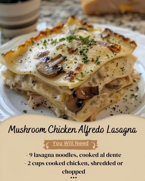 Mushroom Chicken Alfredo Lasagna, Chicken Alfredo Sauce, Alfredo Lasagna, Chicken Alfredo Lasagna, Lasagna Ingredients, Chicken Lasagna, Dump Meals, No Noodle Lasagna, Mushroom Chicken