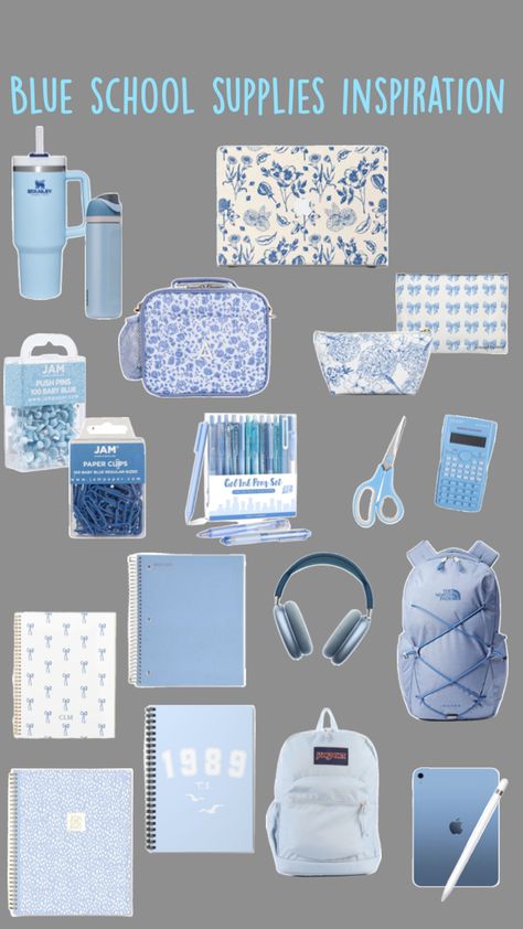 College school supplies,blue school supplies,blue stationary,light blue school supplies,school supplies inspiration, light blue water bottle,blue Stanley,blue iPad,blue notebooks,blue lunch box,blue pencil bag,blue make up bag,blue backpack,light blue stationary,blue AirPod Max,Apple Pencil,blue MacBook case college dorm inspiration Blue School Supplies, School Supplies Blue, College Stationary, Blue Stationary, Blue Jam, Studying Stationary, College School Supplies, Dorm Room Essentials, Gel Ink Pens