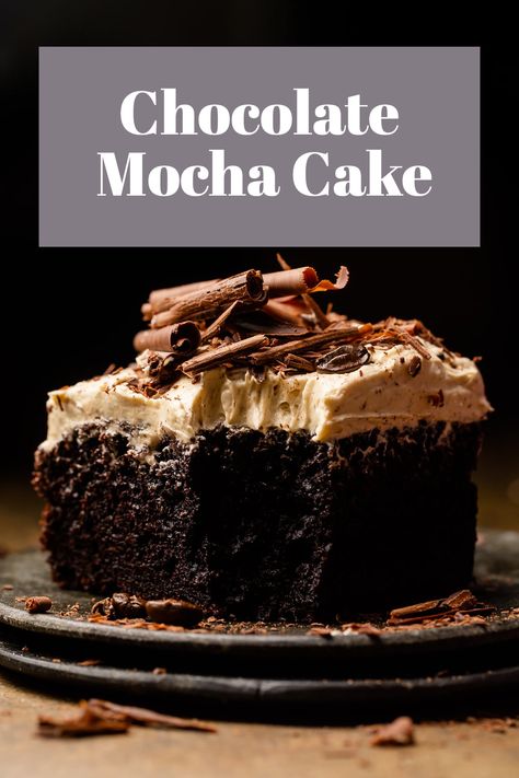 The only thing better than classic chocolate cake… is chocolate cake slathered in mocha buttercream frosting! Instant espresso powder enhances the chocolate flavor and gives the white chocolate buttercream it’s delicious mocha flavor. A must-bake for coffee lovers! #cake #chocolatecake #mochacake Chocolate Cake Espresso Powder, Chocolate Cake With Espresso Buttercream, Chocolate Coffee Sheet Cake, Small Chocolate Coffee Cake, Mocha Espresso Cake, Moist Chocolate Cake With Coffee, Easy Mocha Cake, Chocolate Cake With Espresso Powder, White Chocolate Mocha Cake