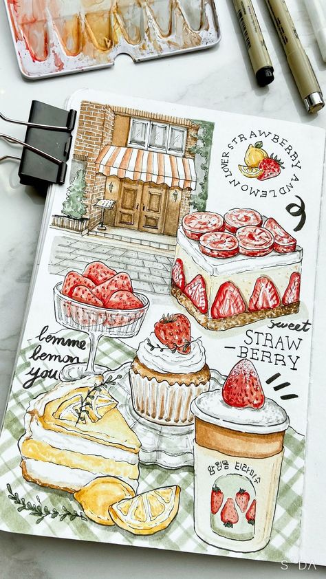 Art Inspo Sketchbooks Aesthetic, Drawing New Ideas, Aesthetic Food Sketch, Art Idea Aesthetic, Journal Food Ideas, Sketch Book Food, Sketch Ideas Watercolor, Food Art Journal, Art Sketches Journal