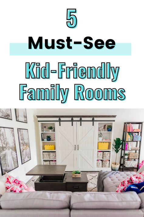 Is it possible to create a kid-friendly family room that still looks like adults live there too? Absolutely! Just follow these tips and find inspiration to create a safe and comfortable space for everyone to enjoy. Living Room Inspiration Kid Friendly, Fun Family Room Ideas, Family Room Playroom Combo Layout, Kids Tv Room Ideas, Child Friendly Living Room, Playroom Living Room Combo, Kids Family Room, Kid Friendly Living Room Ideas, Kid Friendly Family Room