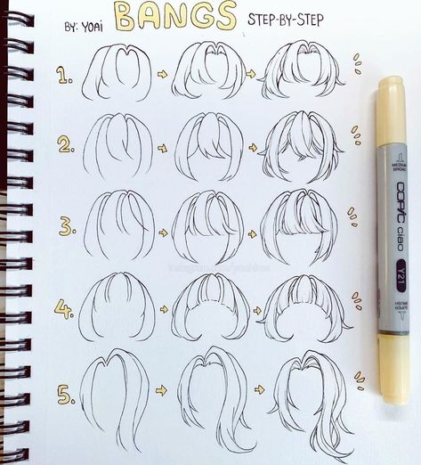 Stationery Island on Instagram: “Draw different types of bangs with this super helpful tutorial by @yoaihime 😍💕 Do you have a fringe? I remember the good old days when I…” Draw Bangs, Hairstyles Sketches, Art Tut, Anime Hairstyles, How To Draw Anime, Pelo Anime, Anime Ideas, Drawing Hair Tutorial, Manga Hair