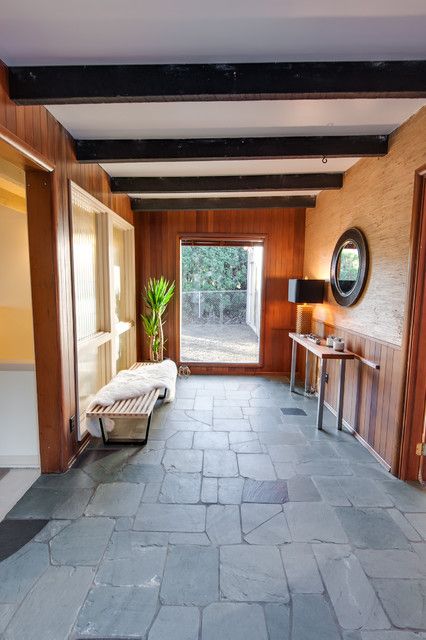 Midcentury Mix in Olympia, WA - Midcentury - Entry - Seattle - by ANNARTHUR HOMES | Houzz Modern Slate Floor, Mid Century Modern Entryway, Orange Front Doors, Interior Front Door, Slate Floor, Slate Tile Floor, Tile Floor Living Room, Entry Wall, Double Entry Doors