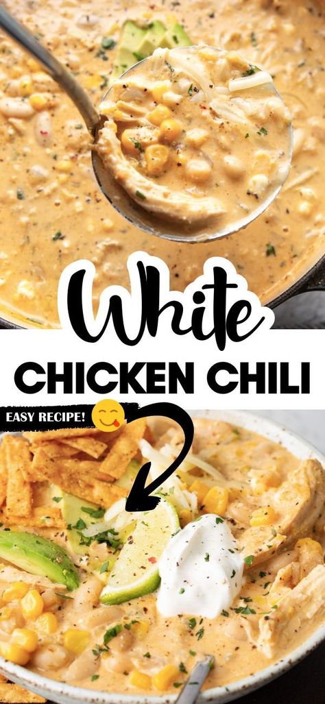 This creamy white chicken chili is made with shredded chicken, hearty beans, green chiles, corn and a delicious blend of seasonings. It’s a warm and cozy dinner that’s ready in under an hour and you can make it on the stovetop or in the slow cooker. White Chicken Chili Slow Cooker, Creamy White Chicken Chili, White Chili Chicken Recipe, Green Chiles, Chili Recipe Easy, Chicken Chili Recipe, White Chicken Chili, White Chicken, Crockpot Recipes Slow Cooker