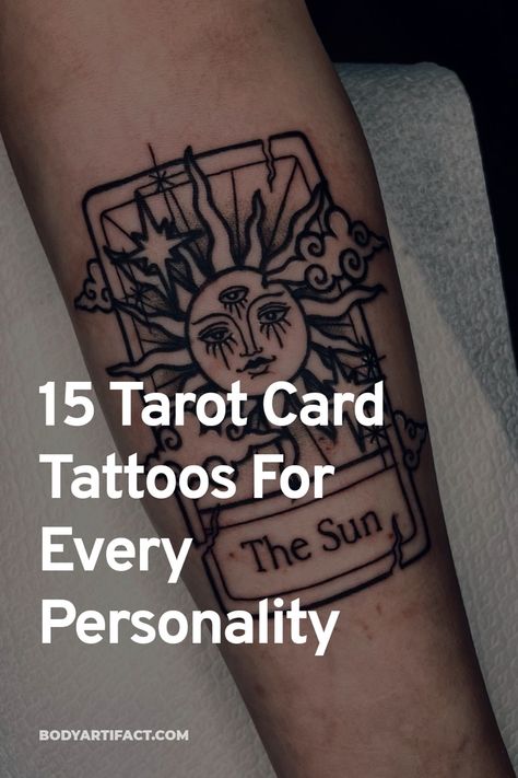 We've collected the best tarot card tattoos to help inspire your next piece of ink. Tarot Art Tattoo, The Lovers Tarot Card Tattoo Meaning, Hand With Tarot Card Tattoo, Fortune Card Tattoo, Tarro Cards Tattoo Ideas, Tarot Card Tattoo And Meaning, Tarot Card Tattoo Women, Realism Tarot Card Tattoo, Major Arcana Tattoo