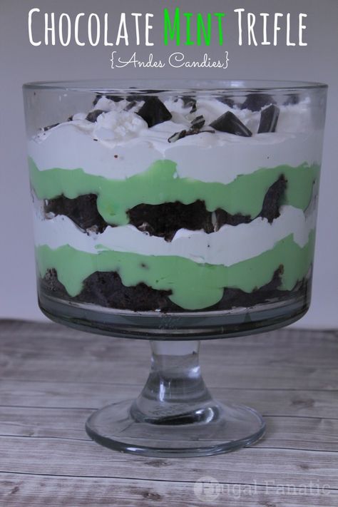 Blog post at Frugal Fanatic :      This chocolate mint trifle is simple and yummy! This is a delicious dessert to make for St. Patricks Day and you only need a f[..] Chocolate Mint Trifle, Mint Trifle, Andes Candies, Trifle Recipes Easy, Trifle Bowl Recipes, Trifle Dessert Recipes, St Patricks Day Food, Trifle Desserts, Trifle Recipe