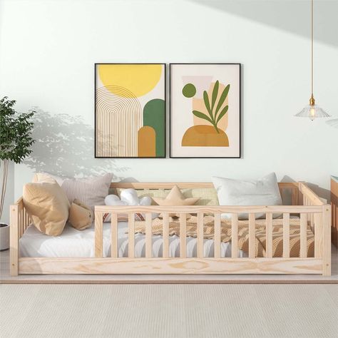 Floor Platform Bed with Fence without Door - Bed Bath & Beyond - 37779164 Twin Montessori Bed, Floor Platform Bed, Twin Floor Bed, Montessori Floor Bed, Toddler Floor Bed, Floor Bed Frame, Kids Twin Bed, Montessori Bed, Solid Wood Bed