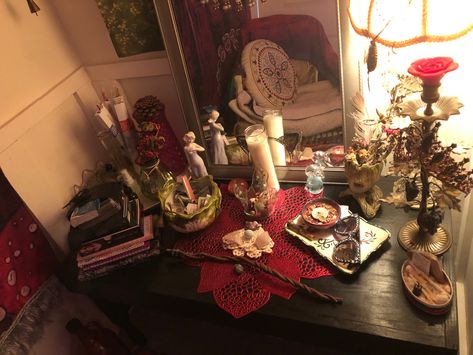 altar sacred space Altar For Persephone, Deity Altar Ideas, Christian Altar Ideas, Hades Altar Ideas, Altar Table Ideas, Sun Altar, Hades Altar, Persephone Altar, Altar Aesthetic