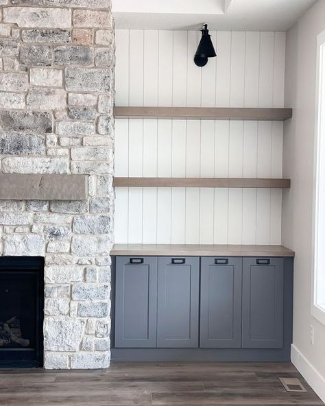 Fireplace With Cabinets, Diy Stone Fireplace, Grey Stone Fireplace, Built In Around Fireplace, Spec Home, Eldorado Stone, Grey Fireplace, Fireplace Stone, Built In Shelves Living Room