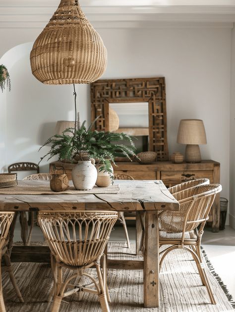 Boho Dining Room Designs: Rattan Chairs and Rustic Wooden Table Dining Room With Wicker Chairs, Tulum Dining Room, Boho Dinner Table, Bohemian Kitchen Table, Holistic Decor, Bohemian Dining Table, Rustic Dining Room Ideas, Boho Farmhouse Dining Room, Dining Table Boho