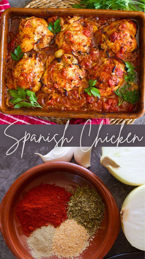 This Spanish Chicken Thighs recipe is great when you're in a hurry as there are no prep dishes to clean or marinating for hours, simply mix the seasoning and ingredients in the dish, then bake. The herbs and spices are warm and bold without overpowering the chicken. Enjoy! Spanish Chicken Recipe, Spanish Chicken Recipes, One Pan Recipe, Spanish Chicken, Chicken Thighs Recipe, Thighs Recipe, Pan Recipe, Spanish Dishes, Boneless Skinless Chicken Thighs