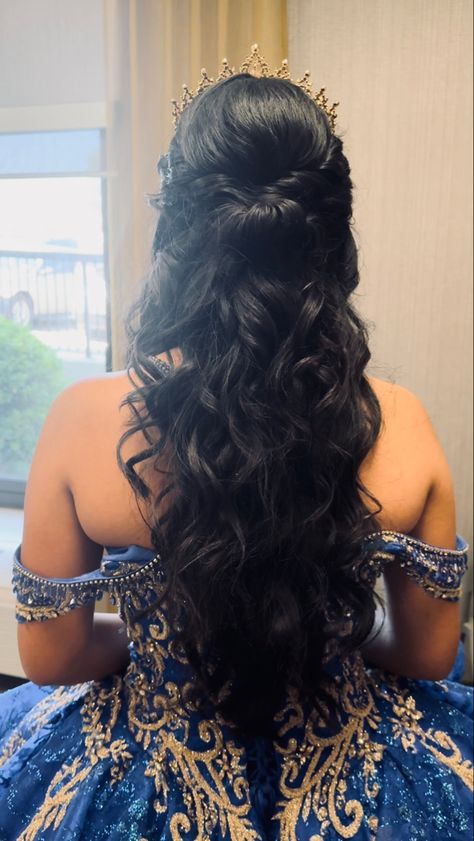 Half up half down quinceañera hair on brunette hair by Alamo city hair Hair Ideas For A Quinceanera, Sweet 16 Half Up Half Down Hairstyles, Quince Hairstyles Black Hair, Long Quince Hairstyles, Quinceanera Hairstyles Braids, Royal Blue Quinceanera Hairstyles, Half Up Half Down Bun Quinceanera Hairstyles, Quince Hairstyles With Roses, Half Up Half Down Quince Hair With Crown