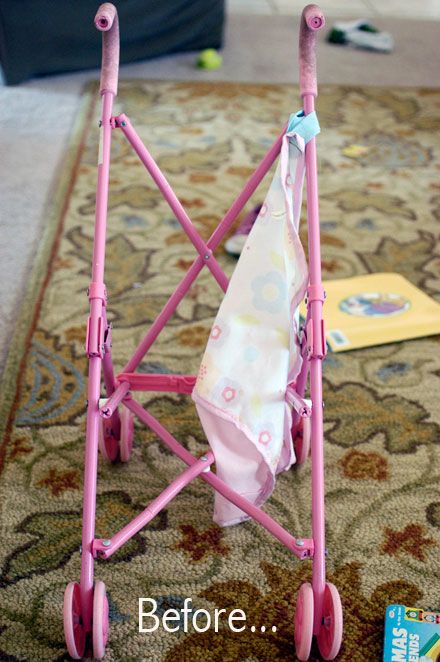 Before  After: Gina's 1-Hour Doll Stroller Refresh The Daily B Diy Doll Stroller, Upcycle Toys, Best Baby Doll, Doll Bassinet, Baby Doll Strollers, Stroller Liner, Doll Stroller, Bowling Balls, Homemade Toys