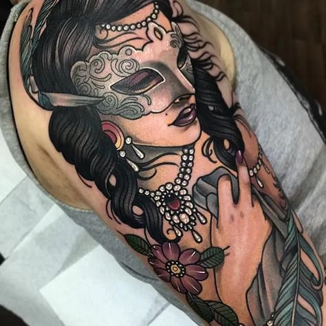 Tattoo uploaded by Stacie Mayer | Neo traditional masquerade lady by Cree McCahill. #mask #masquerade #flowers #feather #neotradlady #neotraditional #CreeMcCahill | 298714 | Tattoodo Masquerade Tattoo, Masquerade Mask Tattoo, Mask Tattoo, Mask Masquerade, Book Tattoo, Halloween Tattoos, Neo Traditional, Ink Sketch, Simplistic Tattoos