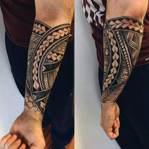 Forearm Sleeve Guys Unique Polynesian Tribal Tattoo Ideas Polynesian Forearm Tattoo, Polynesian Tattoo Sleeve, Stammestattoo Designs, Unique Forearm Tattoos, Lower Arm Tattoos, Tattoo Band, Armband Tattoos, Forearm Band Tattoos, Polynesian Tattoo Designs