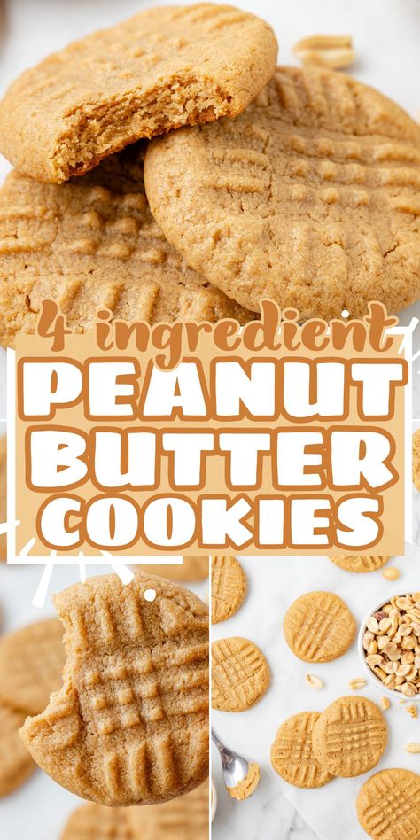 4 Ingredient Peanut Butter Cookies are the easiest peanut butter cookies you'll ever make! And yes, you only need four ingredients to make them and there is no flour in these deliciously rich and chewy peanut butter cookies. 3ingredient Peanut Butter Cookies, 3 Ingredient Peanut Butter Cookies, Quick Cookies, 3 Ingredient Cookies, Quick Baking, Easy Peanut Butter Cookies, Fluff Desserts, Butter Cookies Recipe, Peanut Butter Cookie Recipe