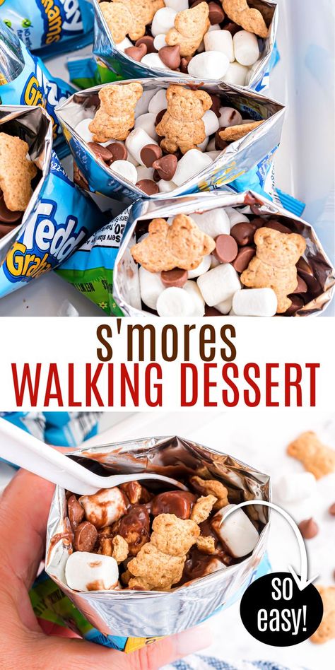 Walking Smores Dessert, S’mores Alternative, Walking Smores Graham Crackers, Smores Mix Snack, No Fire Smores, Campfire Snacks For Kids, Smores Dessert Grill, Camp Fire Treats, Camping Treats For Kids