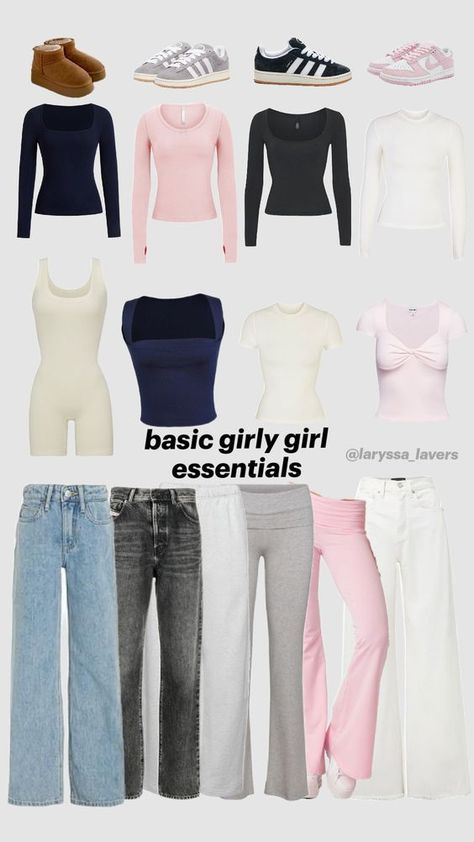 Basic Outfit With Accessories, It Girl Wardrobe, School Clothes Essentials, Basic Outfit Essentials, Basic Clothes Every Girl Should Have, Basic Cute Outfits Schools, Basic Girl Essentials, Teen Girl Capsule Wardrobe, Cute Everyday Outfits Girly