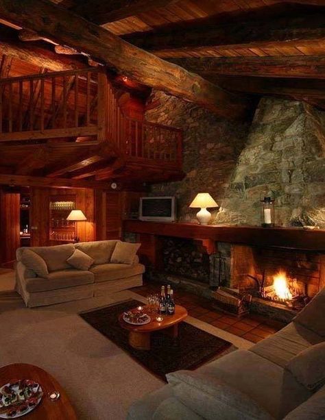 Warm Living Room, My Dream Come True, Black Brick Wall, Cabin Fireplace, Log Cabin Living, Log Cabin Interior, Dream Cabin, Log Cabin Ideas, Rustic Living Room Furniture