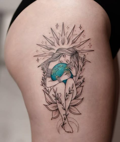 Arlo Tattoo, Mother Nature Tattoo, Mother Earth Tattoo, Natur Tattoo Arm, Nature Tattoo Ideas, Earth Tattoo, Thigh Tat, Mother Nature Tattoos, Nature Tattoo Sleeve