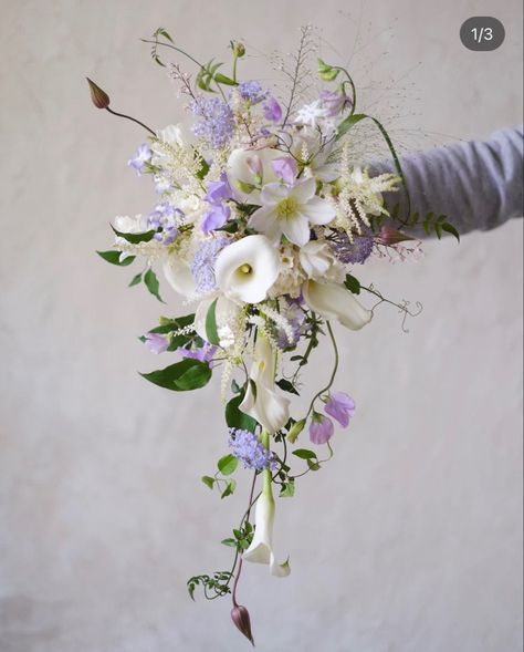 Modern Cascade Bouquet, Calla Lily Bouquets, Whimsical Bouquet Bridal, Hanging Bouquet Wedding, Buket Wedding, Bouquet With Calla Lilies, Bridal Bouquet Calla Lillies, May Bouquet, Wedding Bouquets Purple