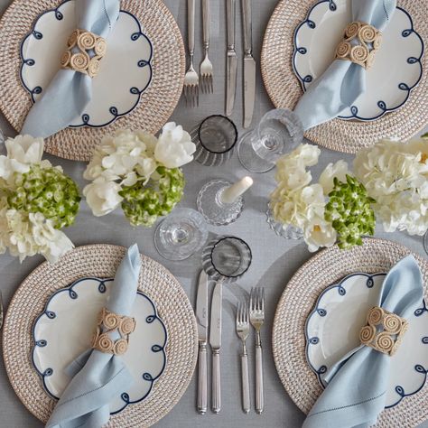 The Chateau - Look Regency Table Settings, Blue And White Tablescapes Wedding, Beachy Tablescapes, Blue And White Tablescapes, Blue Table Settings, Escape To The Chateau, Rattan Charger, White Rattan, Camping Breakfast