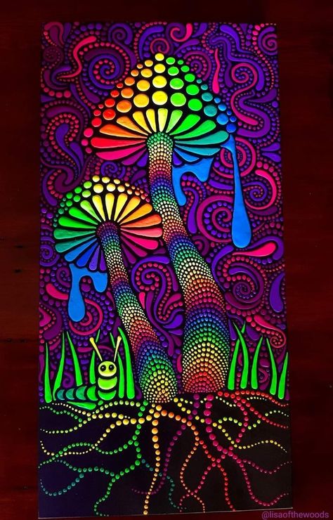 Trippy Nature Drawing, Psychadelic Art Drawing, Trippy Crafts Diy Art Projects, Mushroom Dot Art, Trippie Paintings Ideas, Mushroom Aesthetic Art Trippy, Trippy Flower Painting, Hongos Art, Shroom Painting