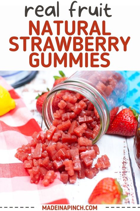 Natural homemade strawberry gummies! Learn how to make healthy strawberry gummy bears from scratch with real fruit juice. These homemade fruit snacks are chewy, delicious and just sweet enough to be addictive treats that kids will love! And parents will love this guilt-free healthy alternative to store-bought fruit snacks! Diy Healthy Gummy Bears, Healthy Gummy Candy, Diy Healthy Gummies Fruit Snacks, Real Fruit Gummies Recipe, Natural Fruit Gummies, Homemade Healthy Gummy Bears, Fruit Gummy Recipe, Strawberry Gummy Bears, Chewy Foods For Sensory