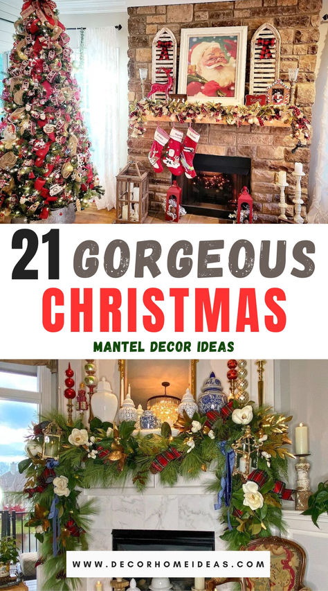 Elevate your holiday decor with these 21 gorgeous Christmas mantel ideas that bring charm and warmth to your home. From lush greenery and twinkling lights to elegant stockings and festive accents, find inspiration to create a stunning focal point that captures the spirit of the season! Traditional Christmas Fireplace, Large Mantel Christmas Decor, Christmas Mantle Traditional, Red And Gold Christmas Mantle Decor, Decorated Christmas Mantels, Red And Green Christmas Mantle, Traditional Christmas Fireplace Decor, Tall Mantel Decorating Ideas, Xmas Fireplace Decor Mantles