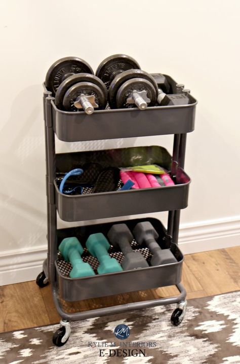 Mini home gym storage ideas for weights, Ikea hack Raskog unit. Kylie M E-design Ikea Fitness Room, Home Workout Storage, Closet Home Gym, Weights Organization, Weights Storage Ideas, Gym Closet Organization, Workout Cart, Ikea 3 Tier Cart, Workout Area In Bedroom