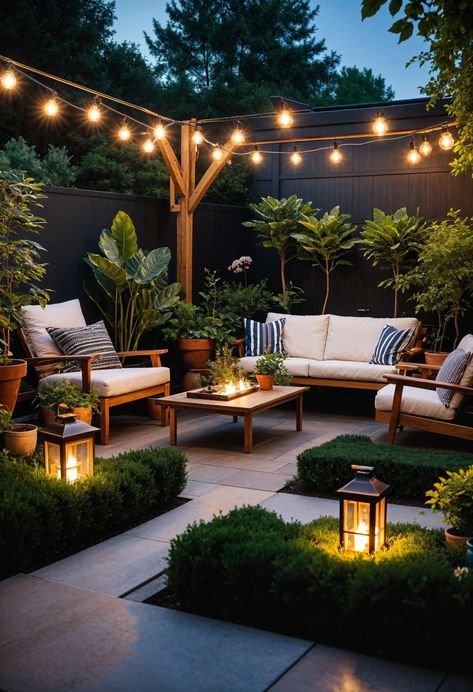 19 Stunning Backyard Patio Designs to Inspire You 38 Courtyard Style Backyard, Dream Decks And Patios, Backyard Patio With Lights, Tony Backyard Ideas, Small Backyard Deck And Patio Ideas, Patio Against Back Of House, Small Paved Backyard Ideas, Shared Backyard Ideas, Park Like Backyard Ideas