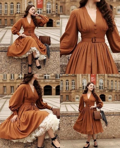 This dress is perfect for Fall, all the layers of tulle help it keep its shape & warmth. The rust color is perfect. I love it. Old Fashion Dresses, Retro Mode, Vintage Inspired Outfits, Vestidos Vintage, Rust Color, Mode Vintage, Looks Vintage, Bridesmaid Hair, I Love It